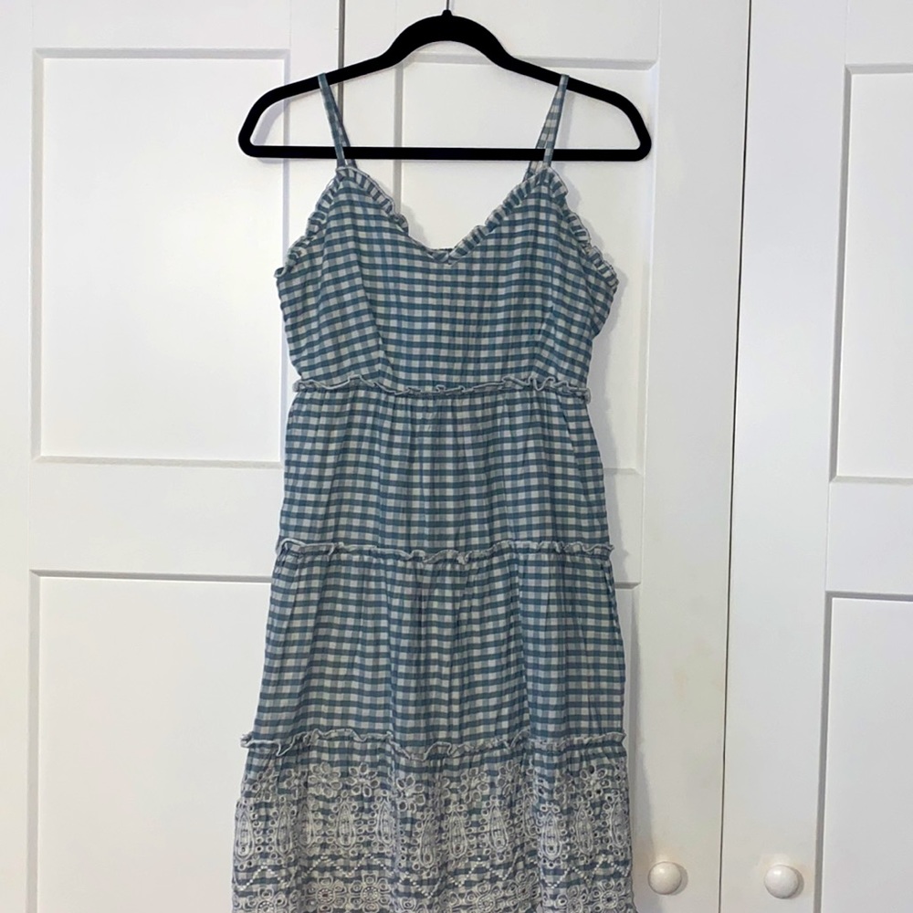 Blue Gingham Tiered Sundress with Lace Hem